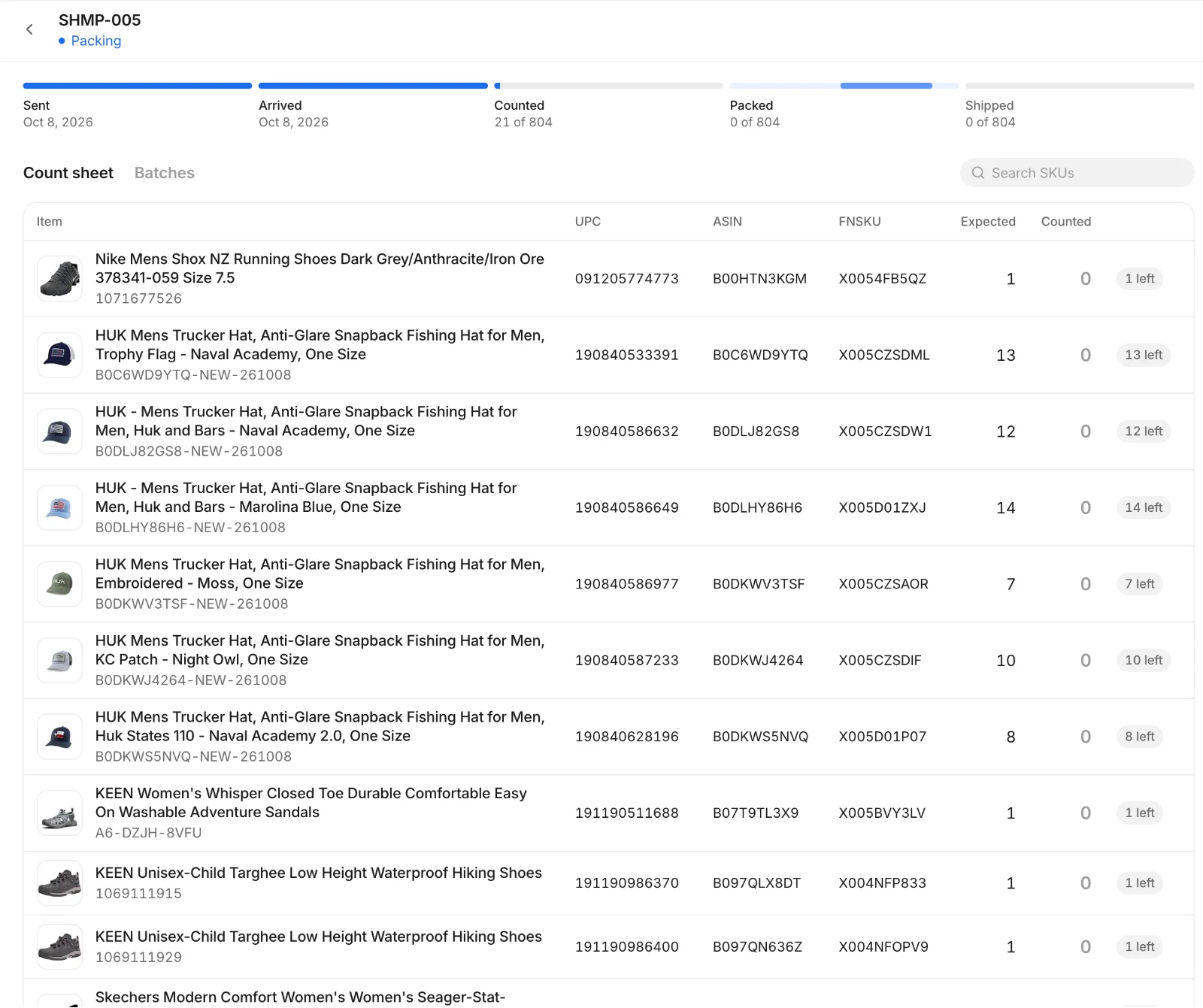 A shipment count sheet listing each SKU with its UPC, ASIN, FNSKU, expected units and counted units