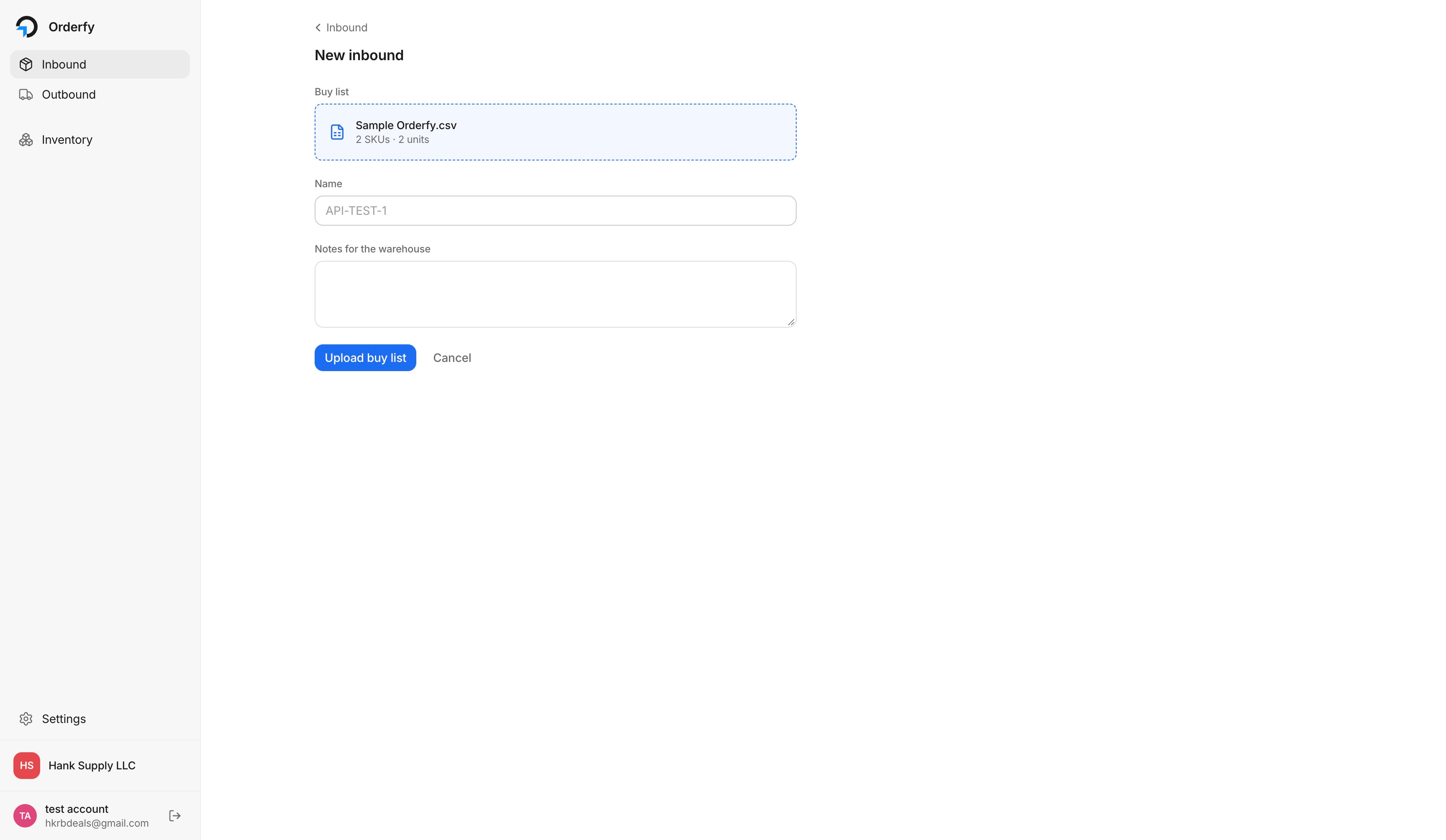The New inbound form with the buy list file picker, name field and notes field
