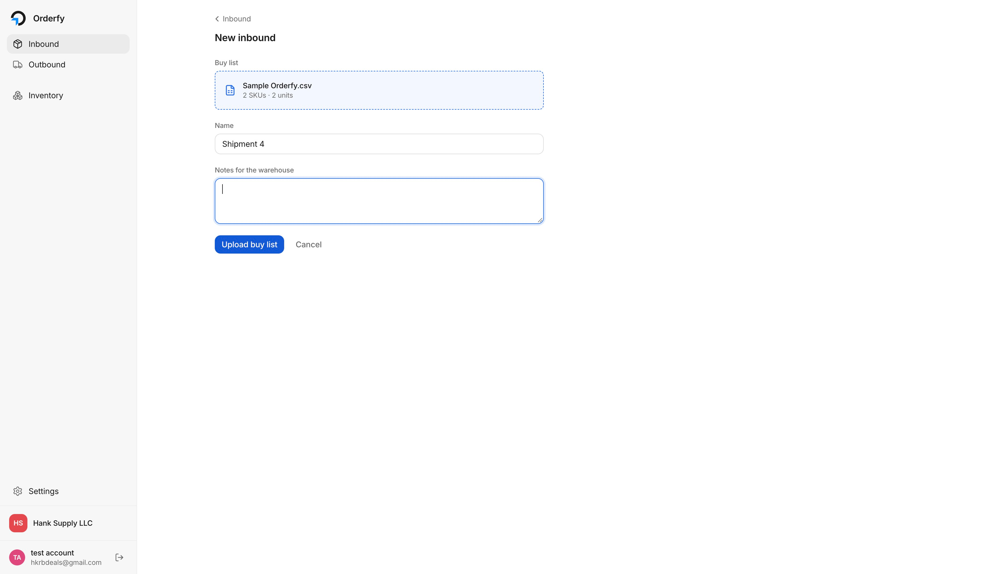 The Upload buy list button on the New inbound form