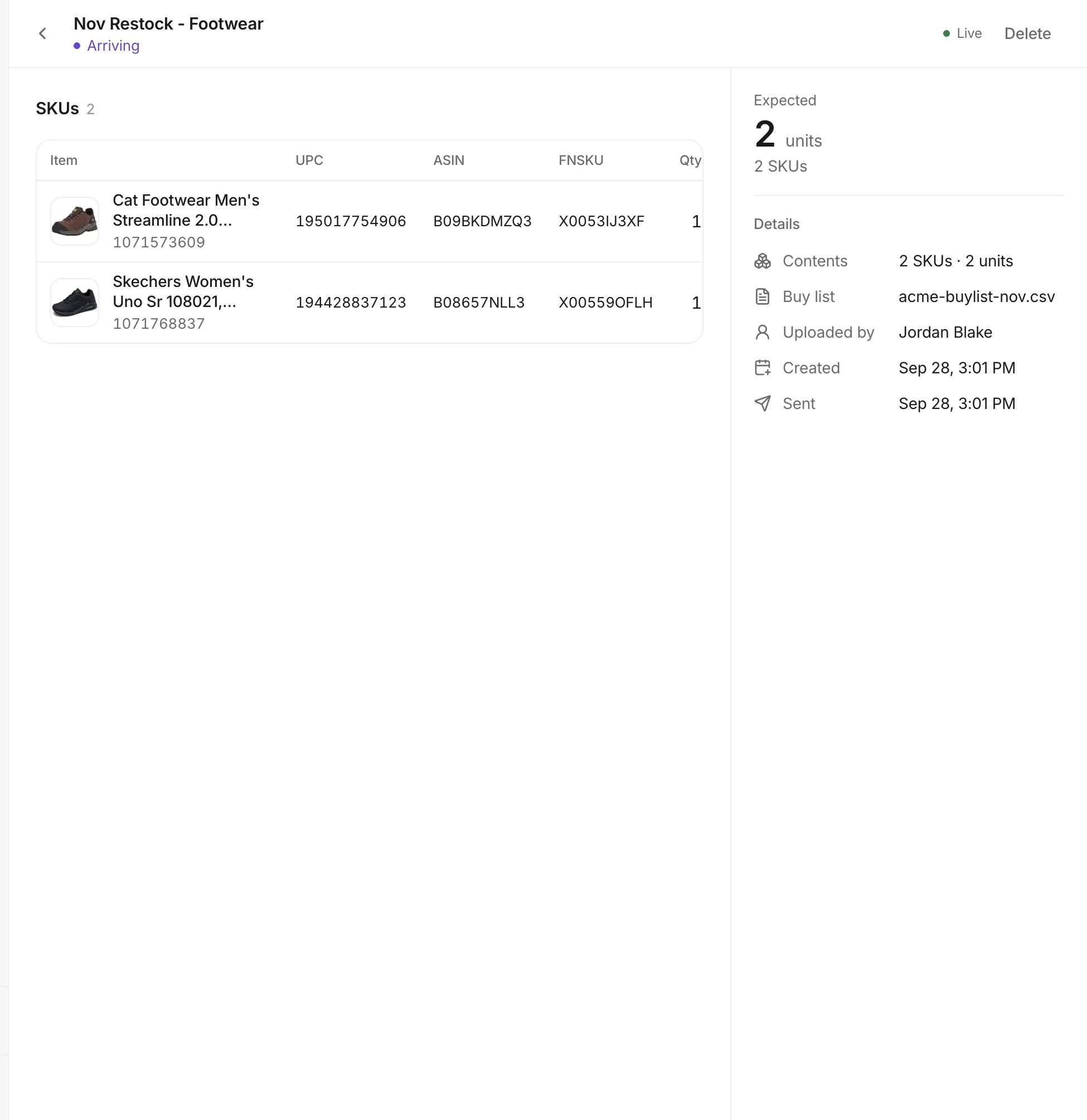 An inbound shipment detail page showing SKUs with UPC, ASIN and FNSKU columns, expected units and the uploaded buy list