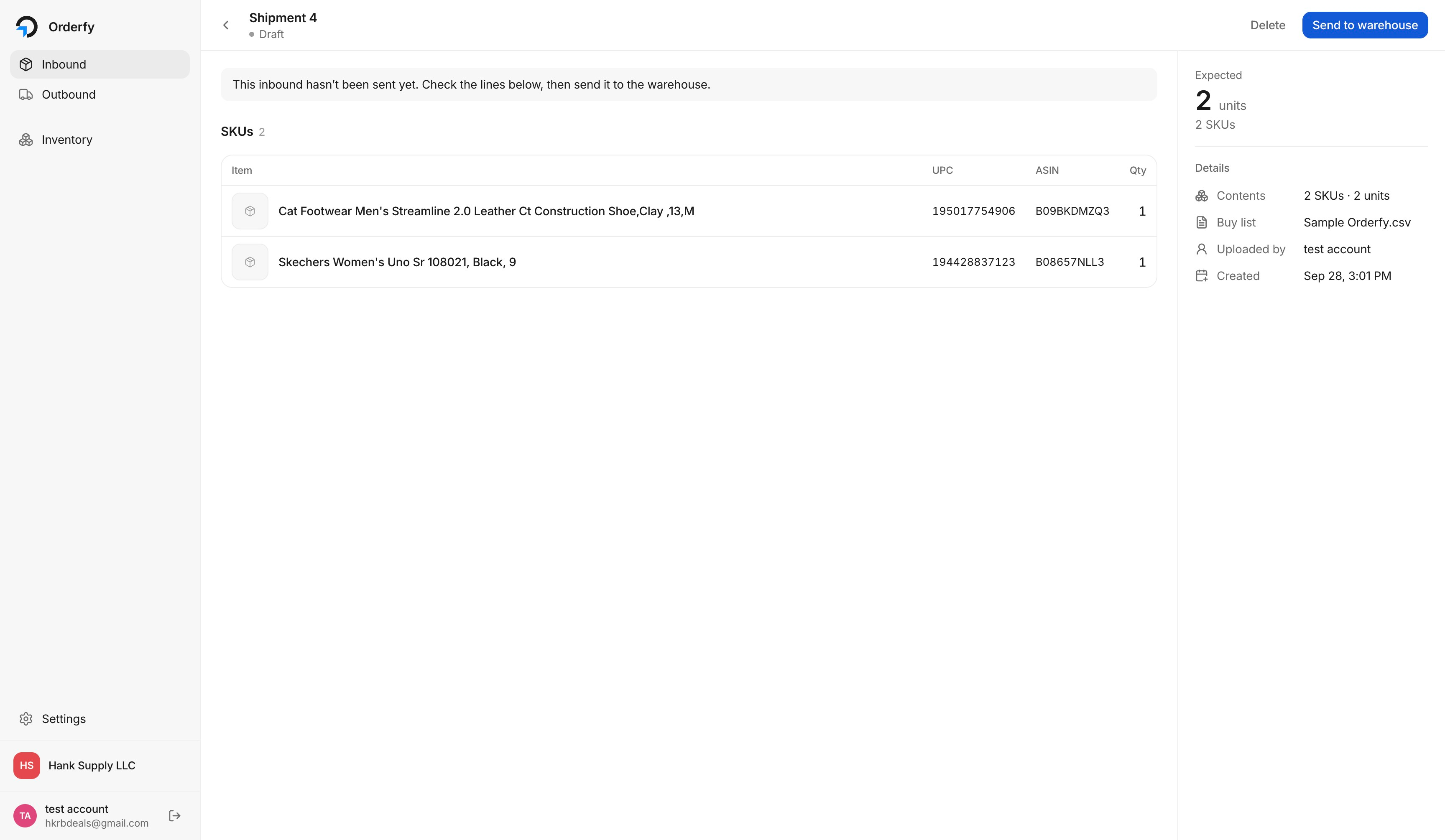 The draft shipment showing SKUs read from the buy list and the Send to warehouse button